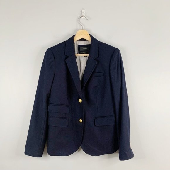 J. Crew Women's Schoolboy Blazer Jacket Navy Blue Wool Stretch Gold 2 Button 6 - Picture 1 of 11